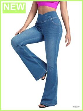 High Rise Crossover Flare Jeans Stretch Knit Denim Bell Bottom Pants